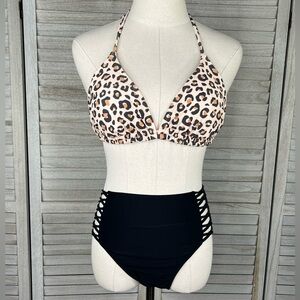 XHILARATION Bikini Set Leopard Triangle Top/High Waisted Black Bottoms-L and M